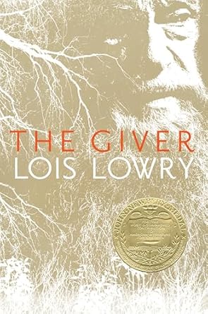 Cover of the hardback book 'The Giver' by Lois Lowry, featuring a stylized design with a face and abstract patterns.