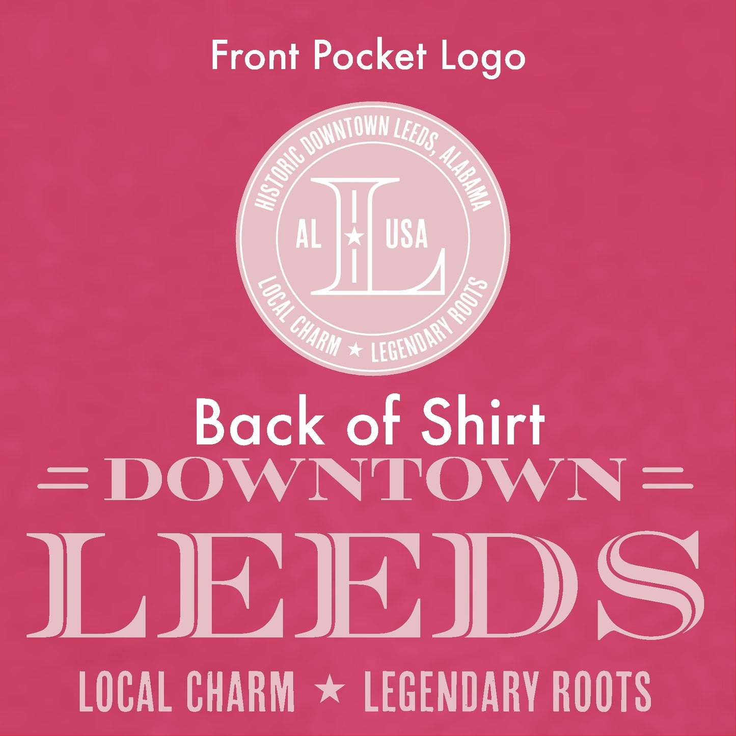 Pink t-shirt with white text and logo on a pink background