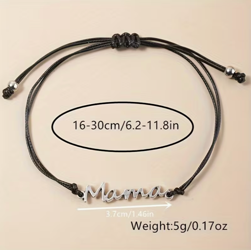 Adjustable black cord bracelet showing size range and sliding knot closure
