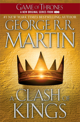 "Front cover of A Clash of Kings by George R.R. Martin, featuring a golden crown on a rich red background."