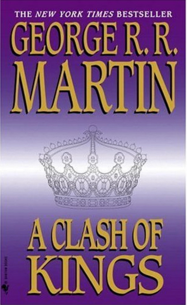 "Front cover of A Clash of Kings by George R.R. Martin, featuring a golden crown on a rich red background."