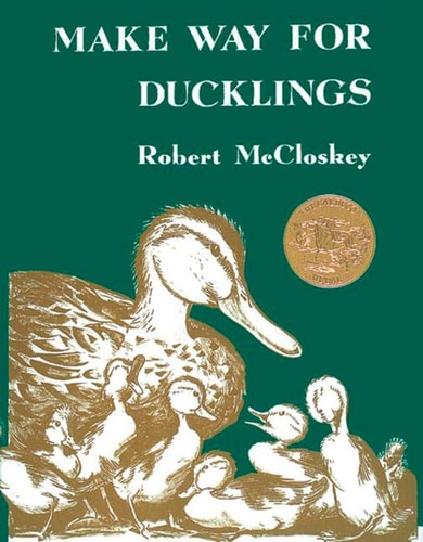 Cover of Make Way for Ducklings by Robert McCloskey, featuring Mrs. Mallard leading ducklings across a city street