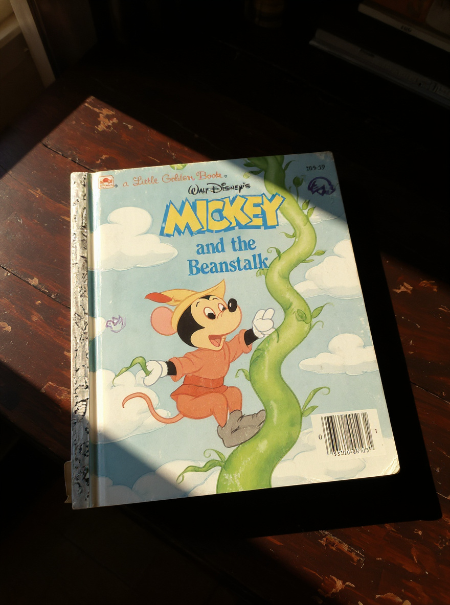 Front cover of Mickey and the Beanstalk Little Golden Book by Diane Muldrow with Mickey, Donald, and Goofy climbing the beanstalk, classic Disney children’s storybook