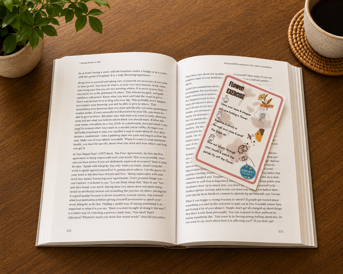 Mindfulness bookmark card featuring a flower breathing grounding exercise resting on an open book beside a cup of coffee