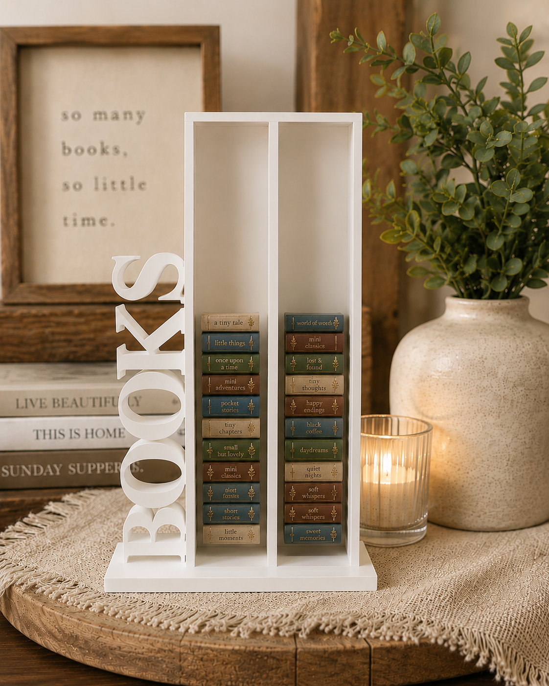 White 6.75-inch miniature bookcase styled with tiny decorative books, perfect for bookshelves, desks, and reading nooks.