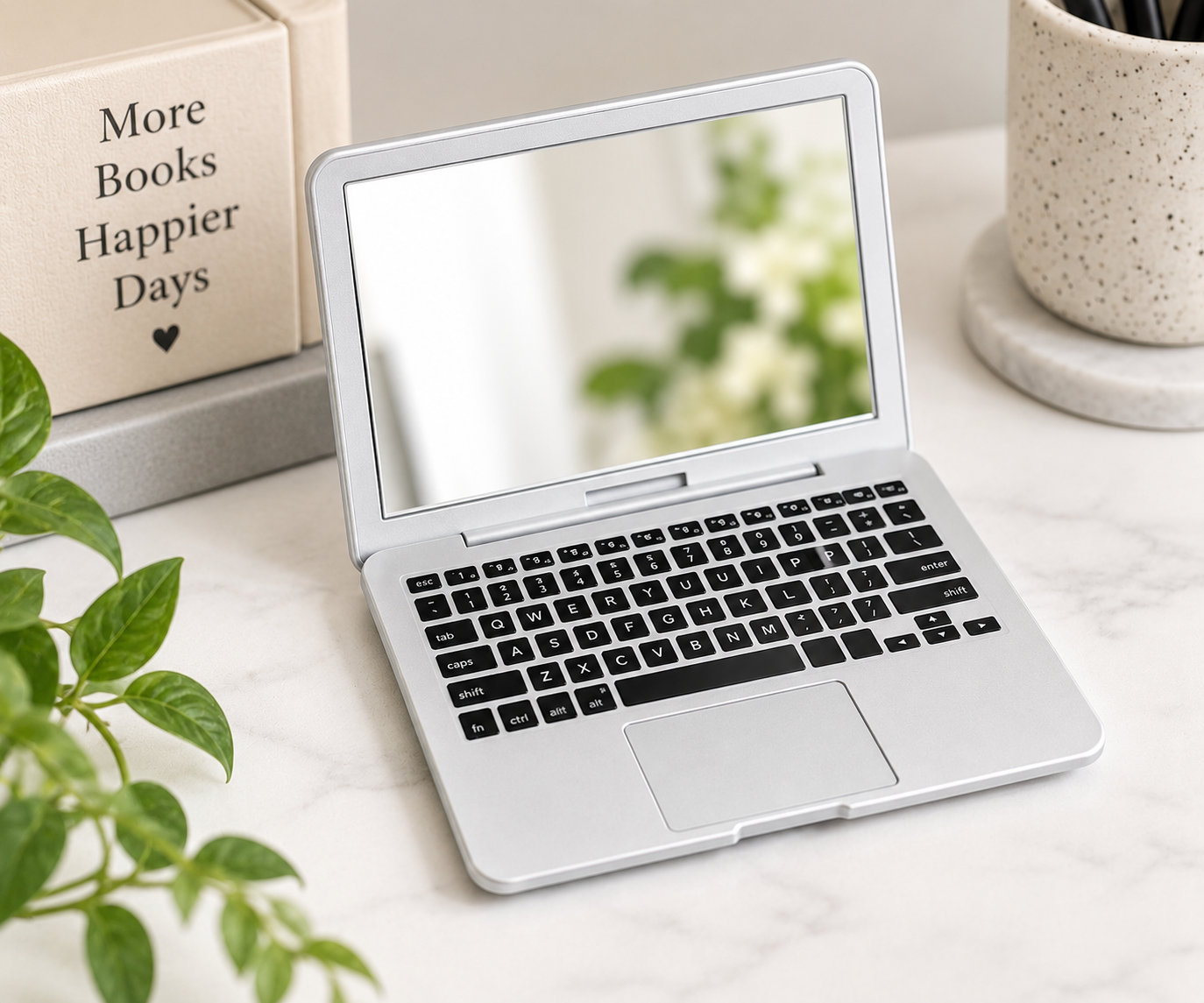 Silver mini laptop compact mirror open on a desk with realistic keyboard design