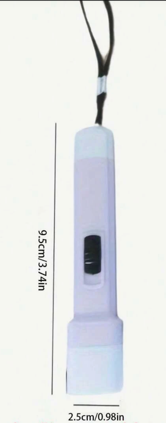 Purple mini LED flashlight with wrist strap shown with size measurements of 9.5 cm by 2.5 cm