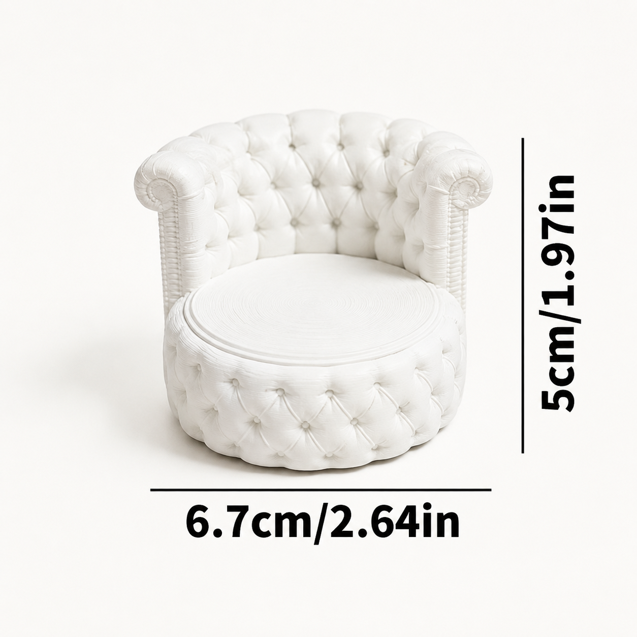 White tufted miniature accent chair for dollhouses, miniature living rooms, dioramas, fairy gardens, and decorative scene displays.
