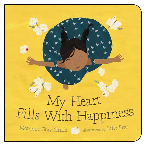 Book cover of 'My Heart Fills With Happiness' with a child illustration on a yellow background.