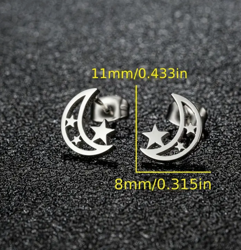 Pair of stainless steel moon and star stud earrings with a minimalist celestial design—perfect for everyday wear or space-inspired style.