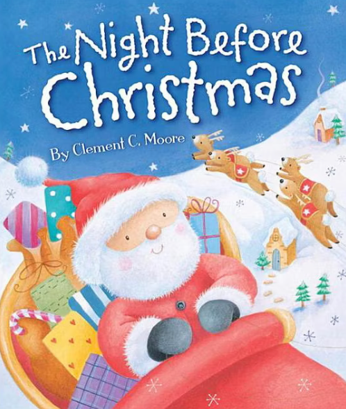 Book cover of 'The Night Before Christmas' with Santa Claus and reindeer on a snowy background.