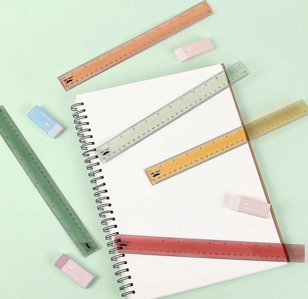Mr. Pen 12-inch transparent plastic ruler with vintage tint, featuring clear imperial and metric markings in high-contrast black ink.