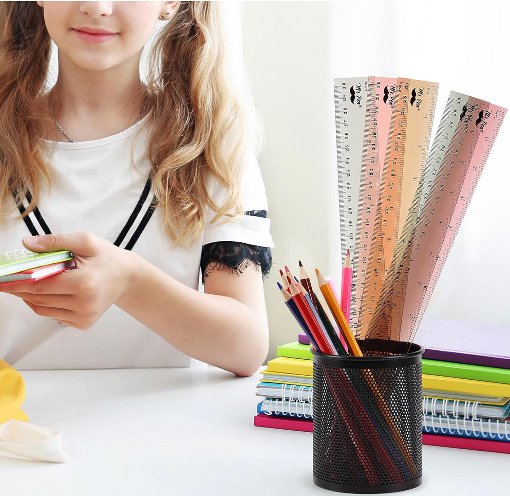Mr. Pen 12-inch transparent plastic ruler with vintage tint, featuring clear imperial and metric markings in high-contrast black ink.