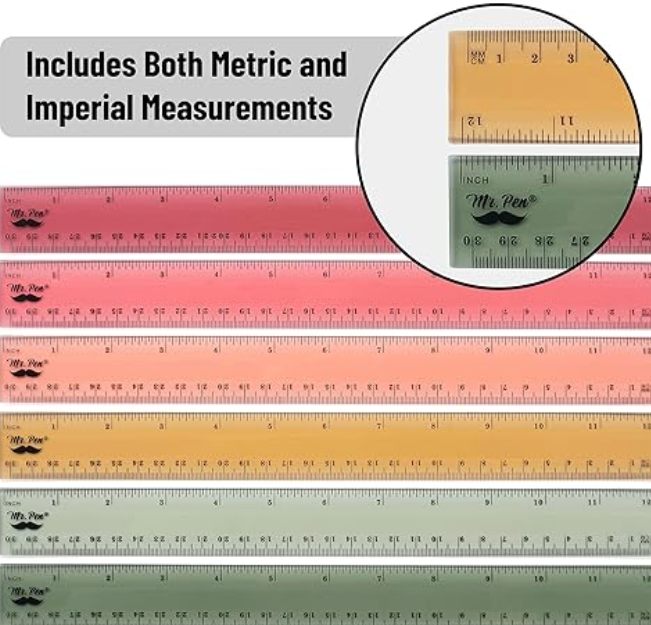 Mr. Pen 12-inch transparent plastic ruler with vintage tint, featuring clear imperial and metric markings in high-contrast black ink.