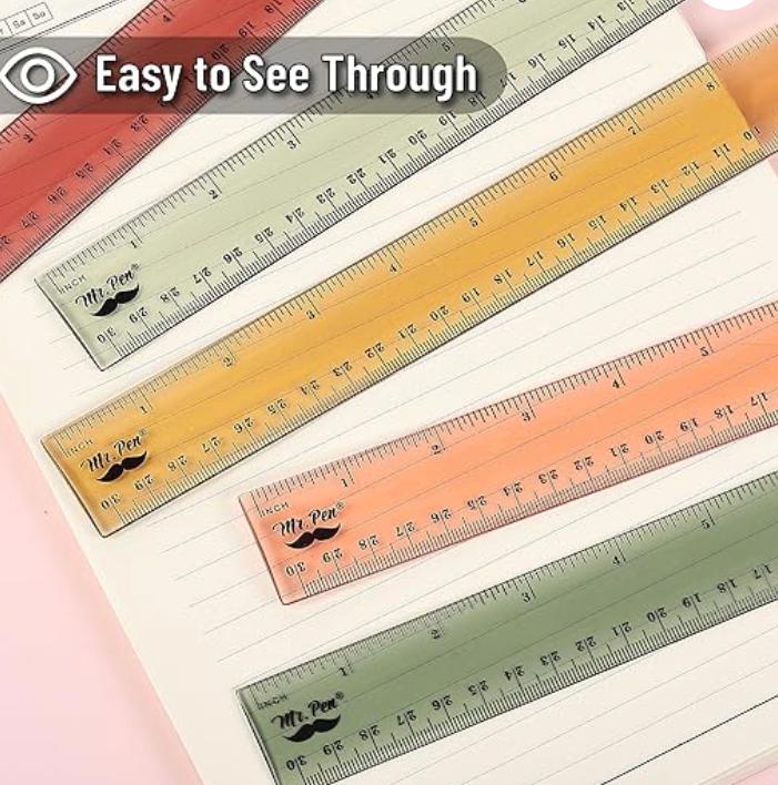 Mr. Pen 12-inch transparent plastic ruler with vintage tint, featuring clear imperial and metric markings in high-contrast black ink.