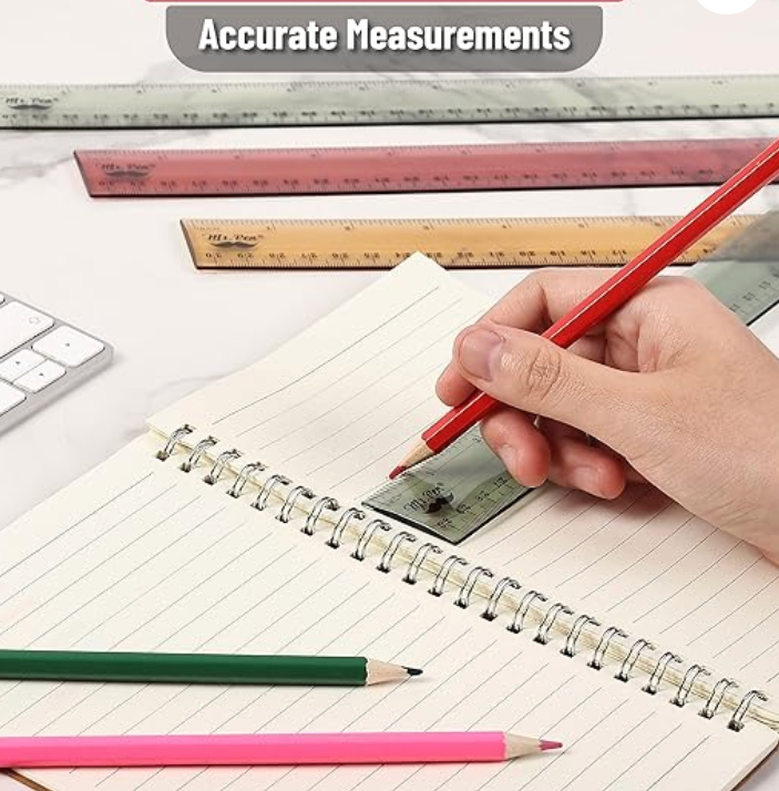 Mr. Pen 12-inch transparent plastic ruler with vintage tint, featuring clear imperial and metric markings in high-contrast black ink.