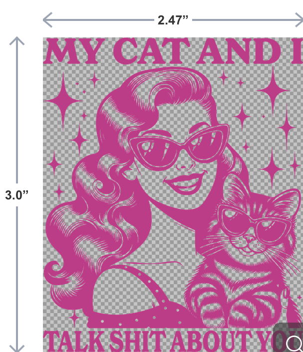 UV-DTF sticker with the phrase My Cat and I Talk Shit About You in bold, snarky lettering—perfect for cat lovers with sass.