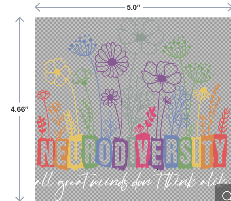 UV-DTF sticker that reads Neurodiversity: All Great Things Don’t Think Alike in bold lettering—ideal for laptops, water bottles, and journals.