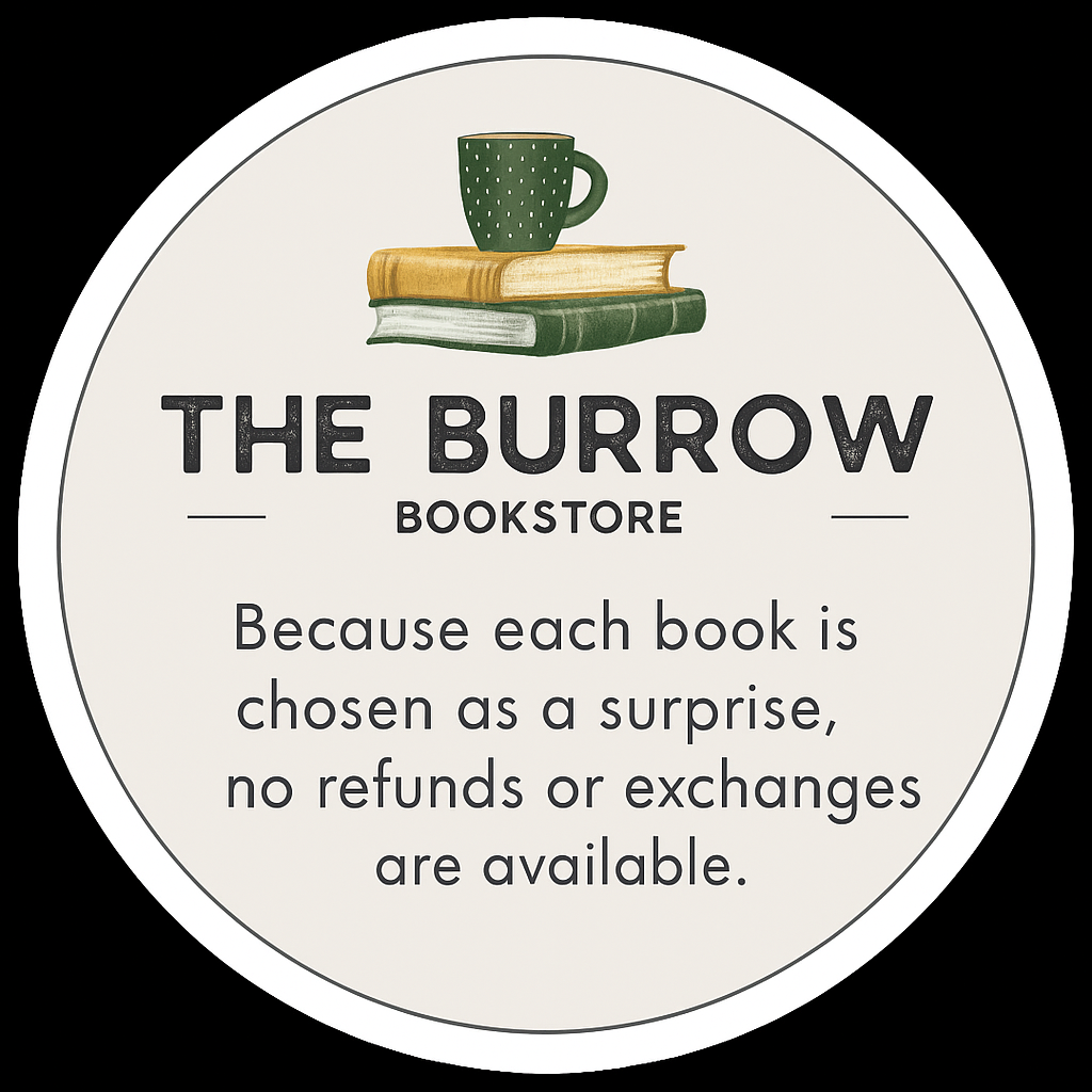 Logo of The Burrow Bookstore with a cup and books illustration on a white background