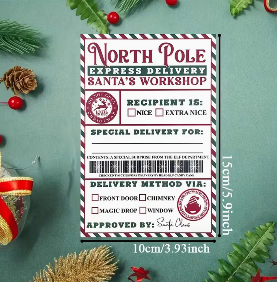 North Pole Delivery gift label sticker with size measurements shown on decorative holiday background