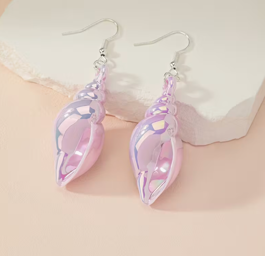 Ocean-themed colorful conch shell earrings with iridescent pastel finish and silver hooks