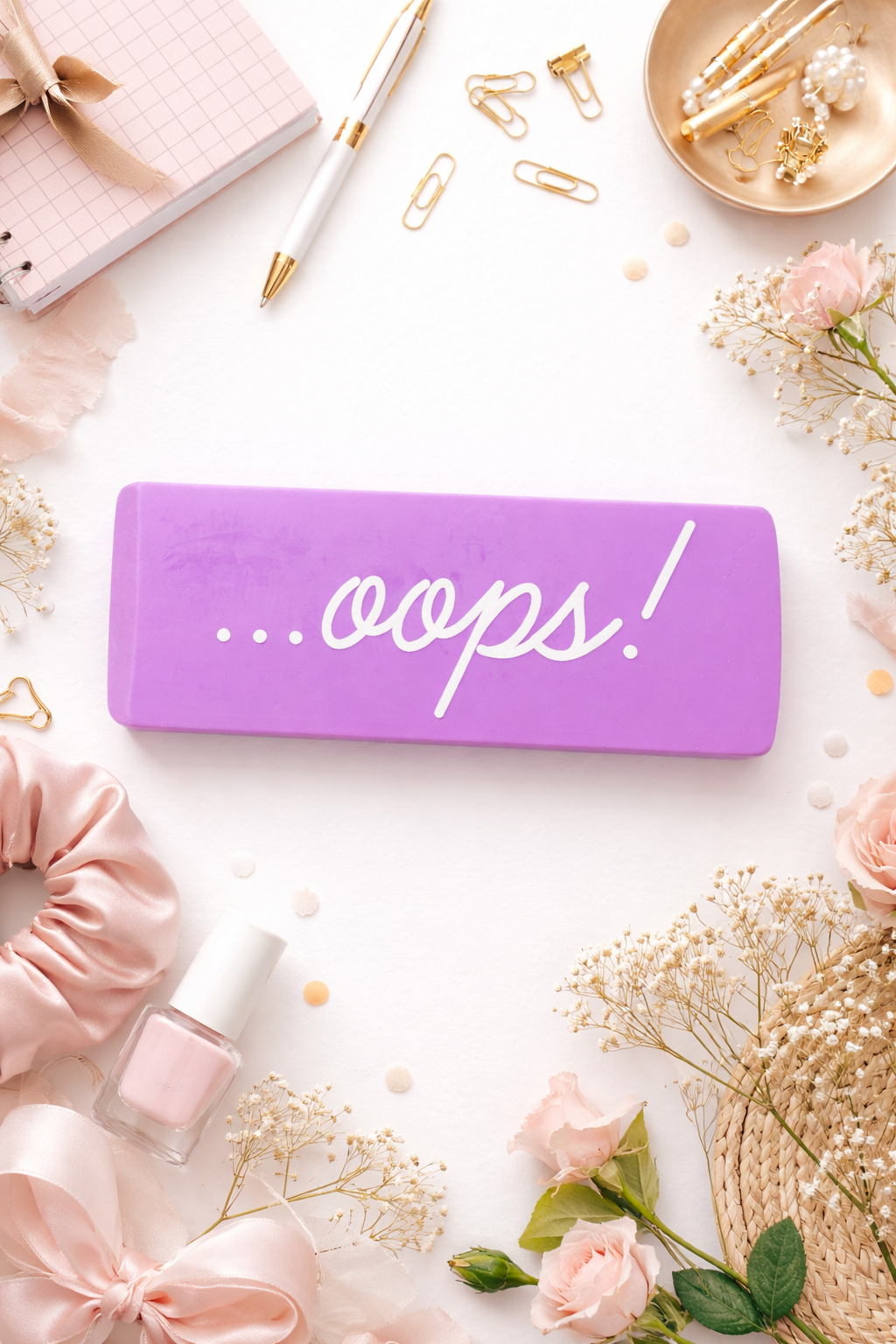 Large purple novelty eraser with the words …oops! printed on it displayed as a funny desk accessory