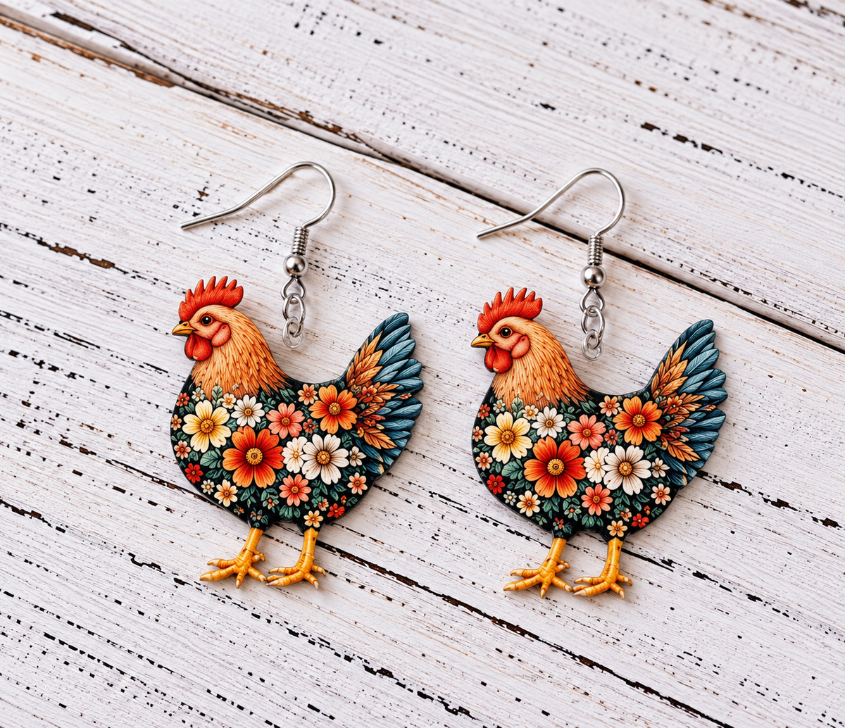 Orange floral chicken acrylic dangle earrings with silver-tone fishhook ear wires