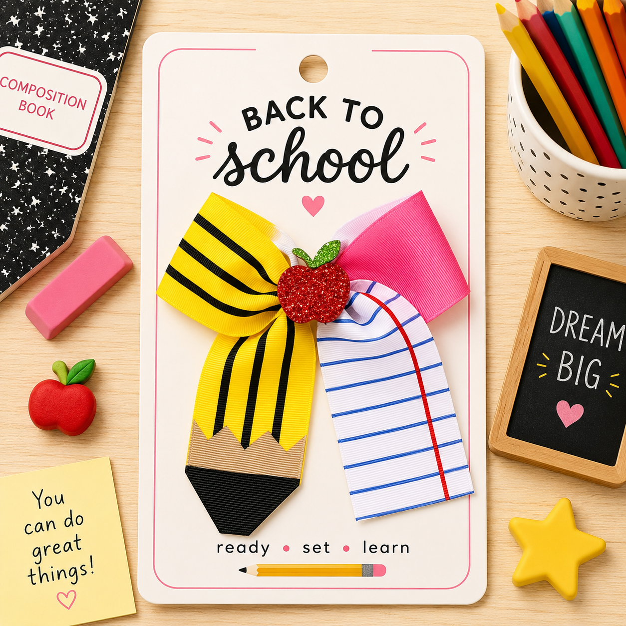 Oversized back-to-school ribbon hair bow featuring a yellow pencil, notebook paper ribbon, bright pink accent, and glitter red apple centerpiece attached to an alligator hair clip.