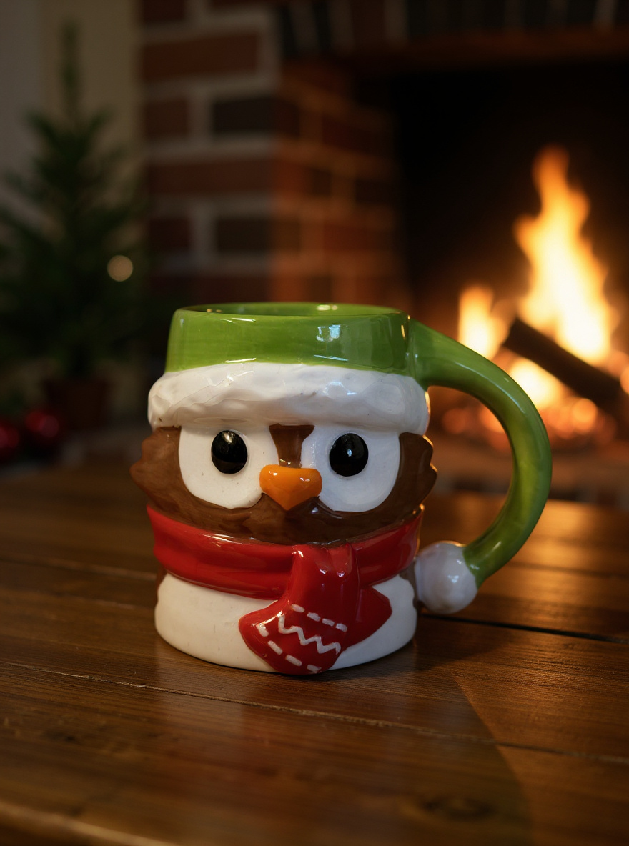 cute owl-shaped Christmas ceramic mug with green hat and red scarf on wooden table near fireplace