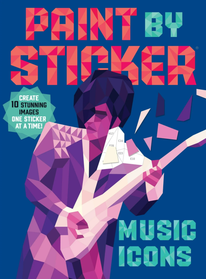 Book cover of 'Paint by Sticker: Music Icons' with a geometric illustration of a person playing guitar on a blue background.