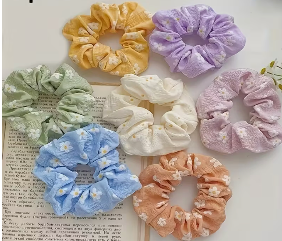 Pastel floral scrunchies with white daisy print in yellow, lavender, green, cream, pink, blue and peach, sold individually