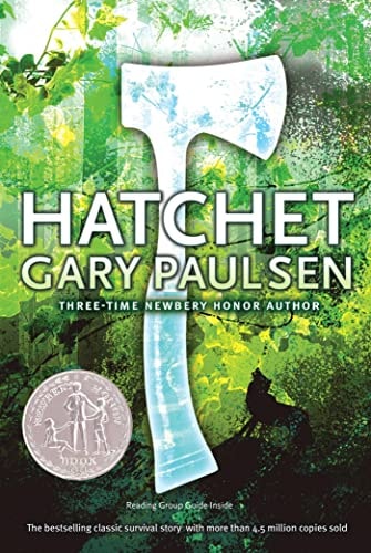 Cover of Hatchet by Gary Paulsen, featuring a stylized hatchet against a lush green forest background.