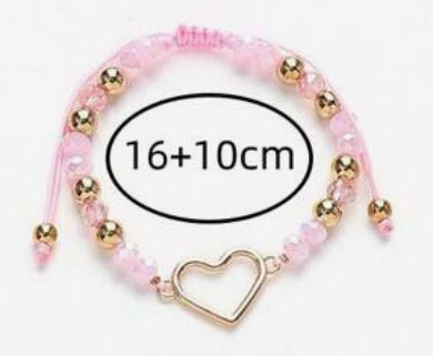 Pink beaded bracelet with a heart charm and adjustable length measurement on a white background