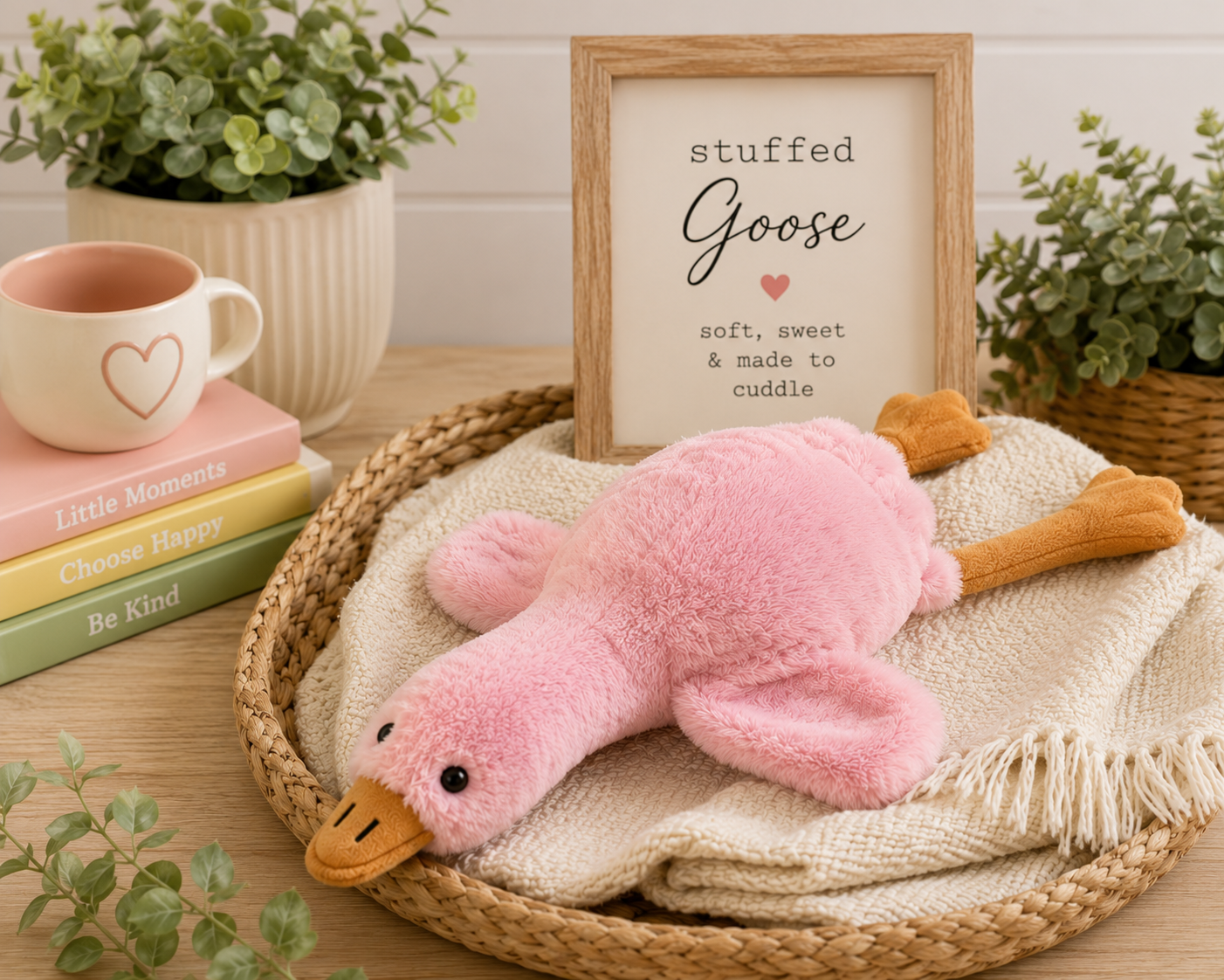 Soft 19-inch pink goose plush stuffed animal with floppy wings and feet, perfect for cuddling, nursery décor, and cozy reading nooks.