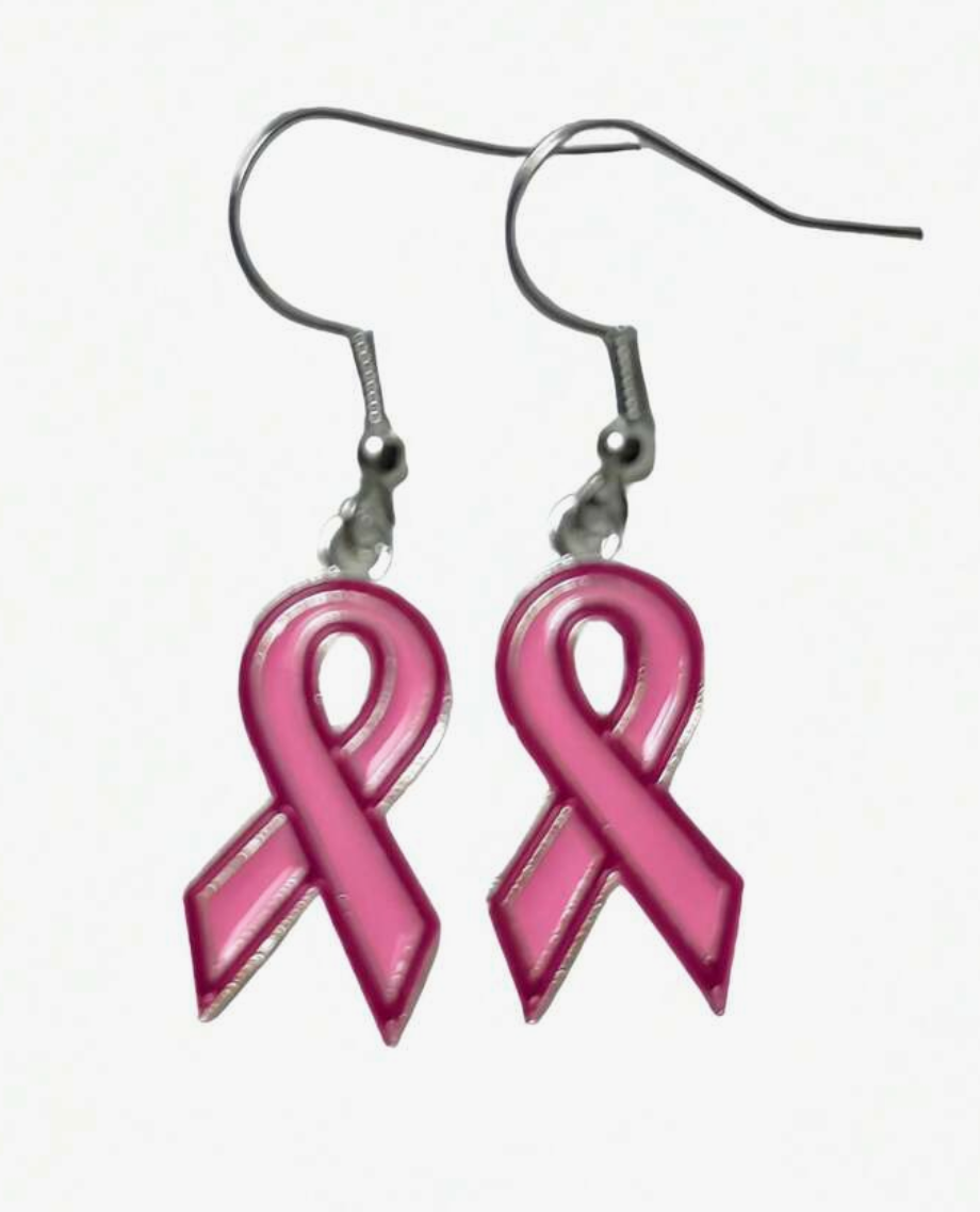 Pink ribbon earrings on a white background
