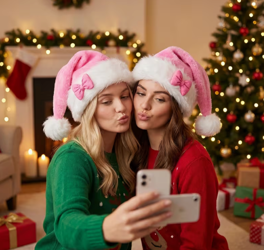 Pink plush Santa hat with white faux-fur trim and pink bow