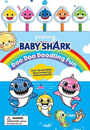 Cover of Baby Shark: Doo Doo Doodling Fun (Pencil Toppers) by Pinkfong, featuring Baby Shark and family with included colored pencils and shark-shaped eraser tops