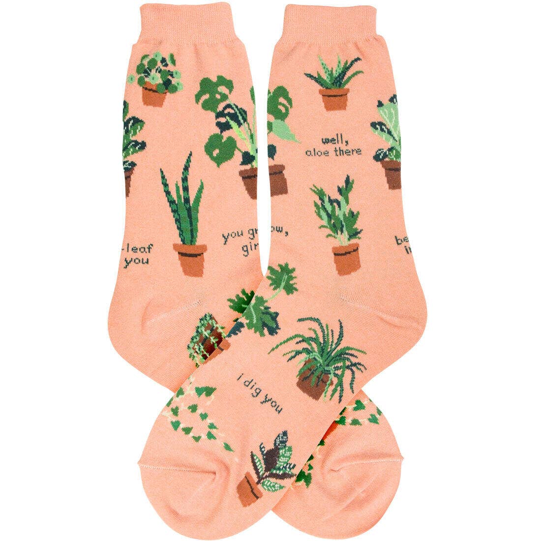 Coral mid-calf socks with cute green plant designs including aloe, monstera, Pilea, and ficus—perfect for plant lovers and gardeners.