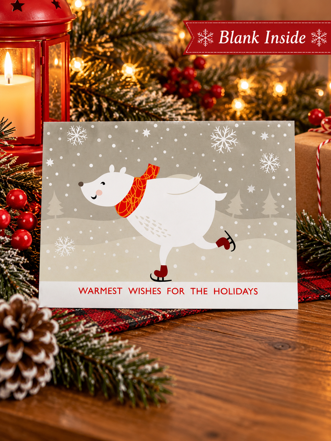 Christmas greeting card featuring a white polar bear ice skating in a snowy winter landscape