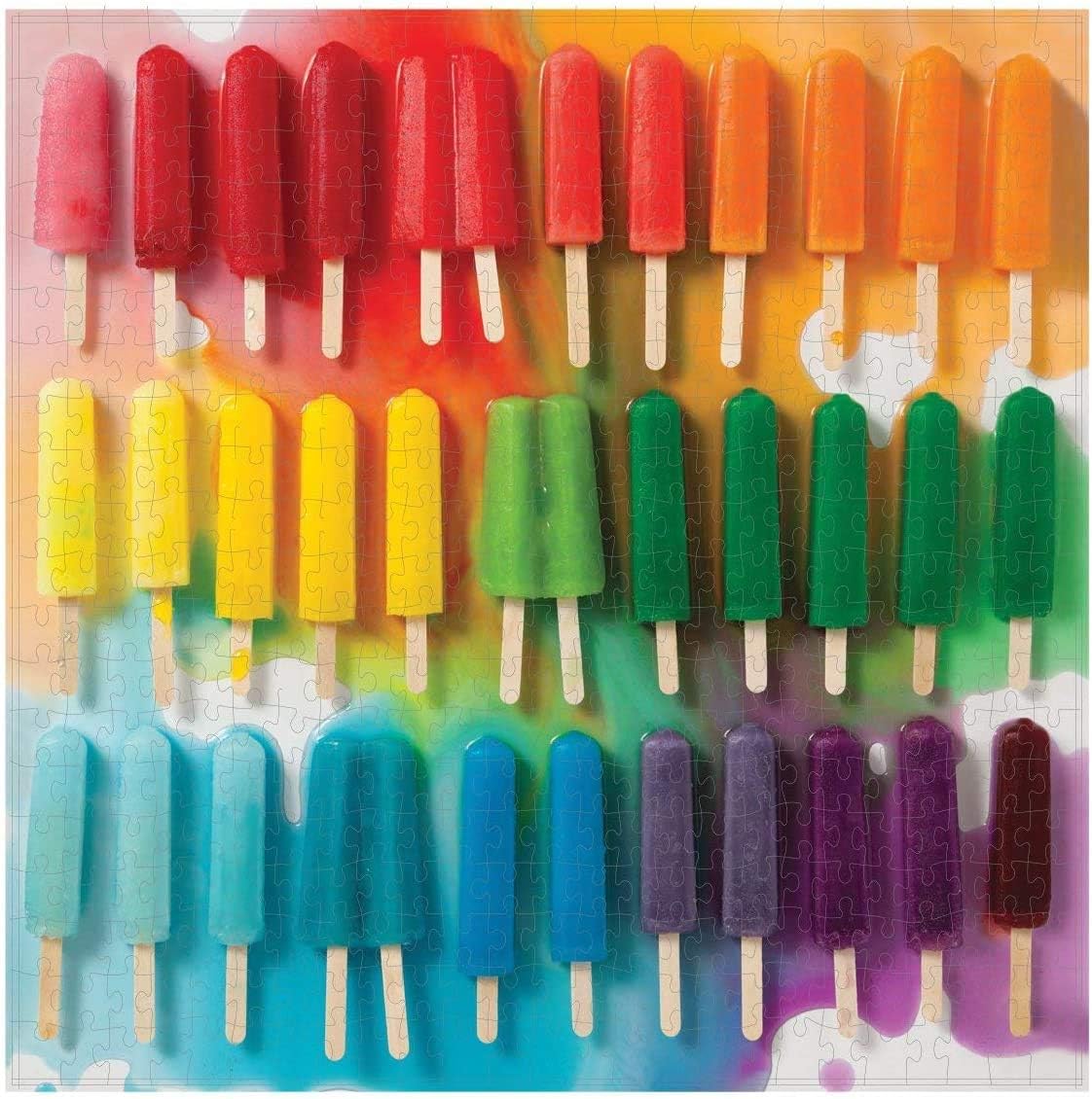 Box cover of Popsicles 500-piece puzzle featuring a vibrant and colorful assortment of frozen treats in a fun summer design.