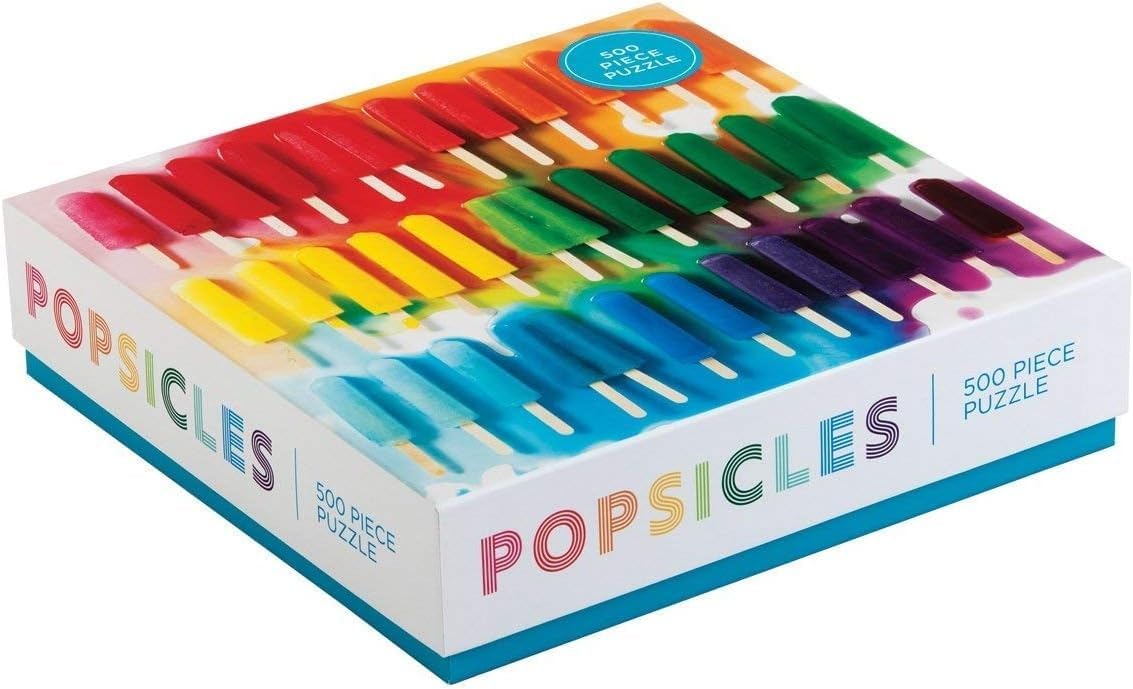 Box cover of Popsicles 500-piece puzzle featuring a vibrant and colorful assortment of frozen treats in a fun summer design.