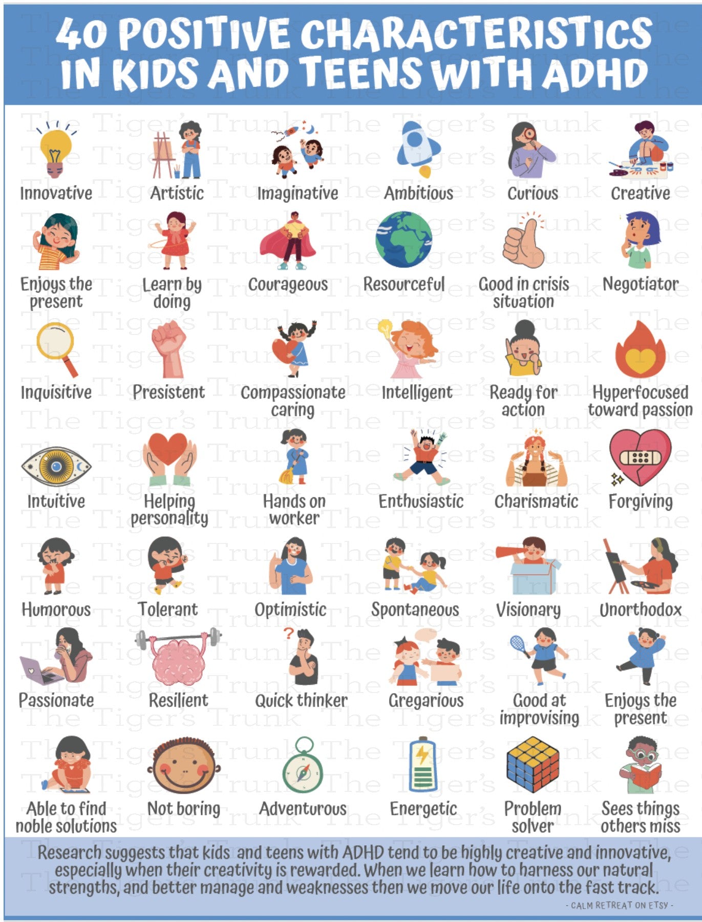Laminated 8.5"x11" poster listing 40 positive characteristics of kids and teens with ADD in colorful, uplifting text