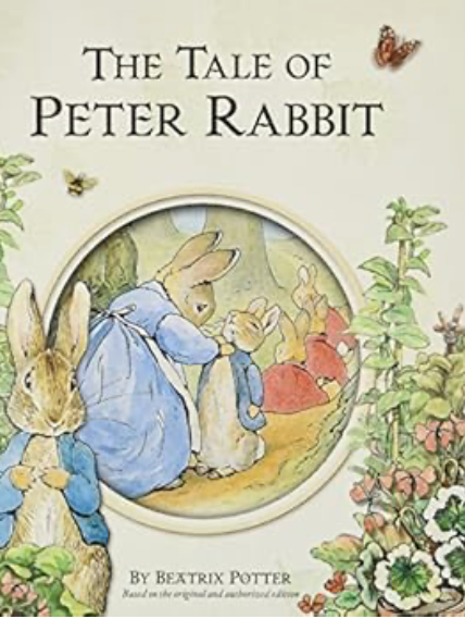 Cover of The Tale of Peter Rabbit by Beatrix Potter, featuring an illustration of Peter Rabbit in his blue jacket