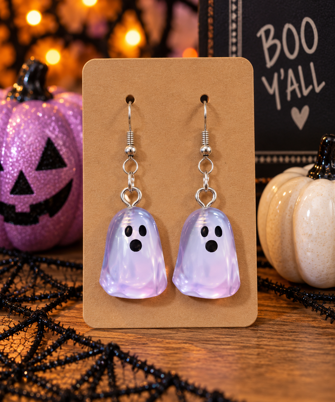 Light purple translucent ghost dangle earrings for Halloween
