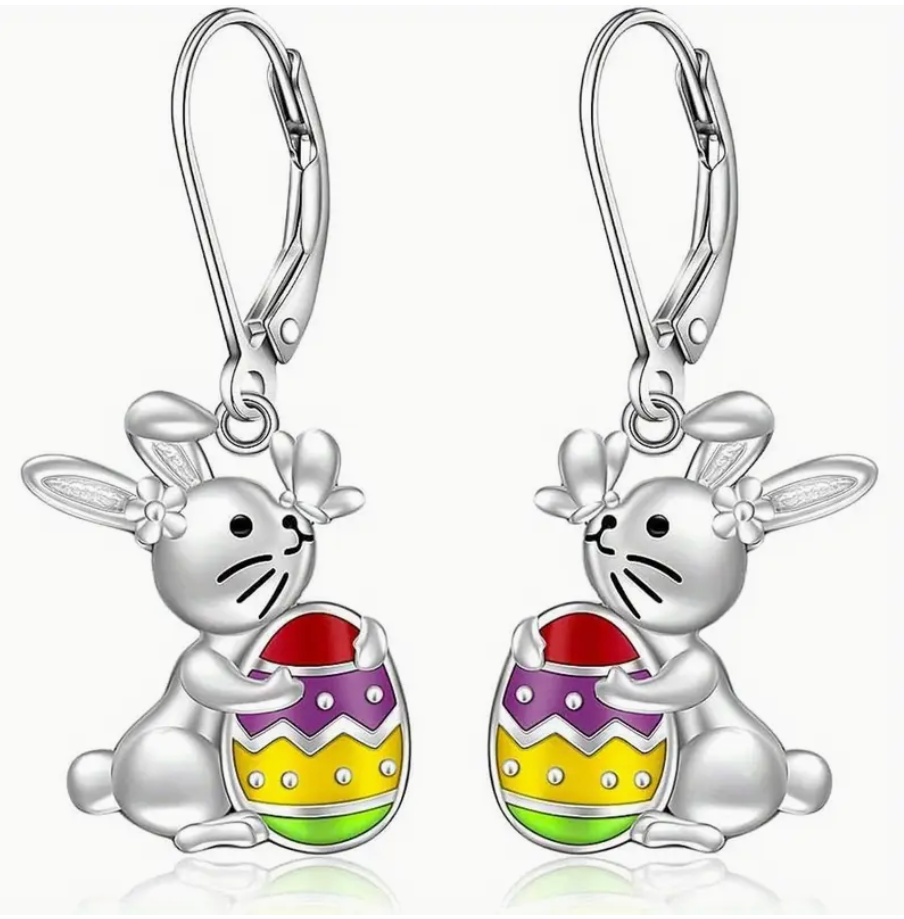 Pair of silver Easter bunny earrings featuring bunnies holding colorful baskets, perfect for spring outfits and festive Easter celebrations.
