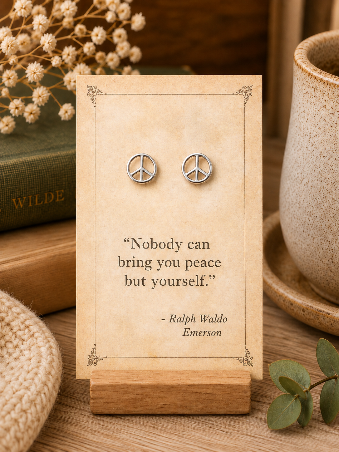 Silver peace sign stud earrings displayed on a vintage-inspired Ralph Waldo Emerson literary quote card