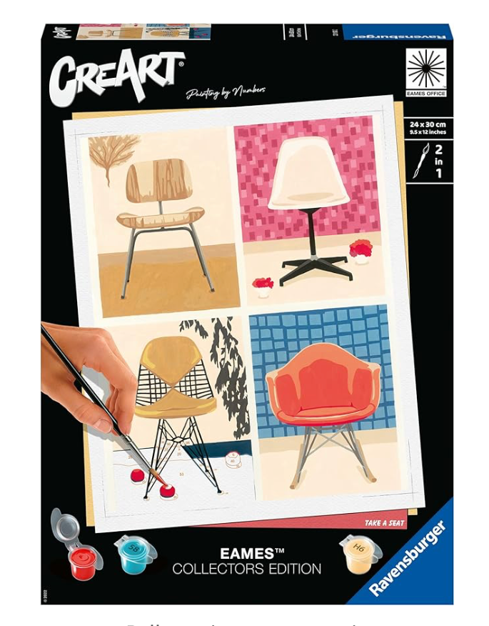 Ravensburger CreArt Take a Seat Eames Collector's Edition paint by numbers kit featuring mid-century modern chair designs.