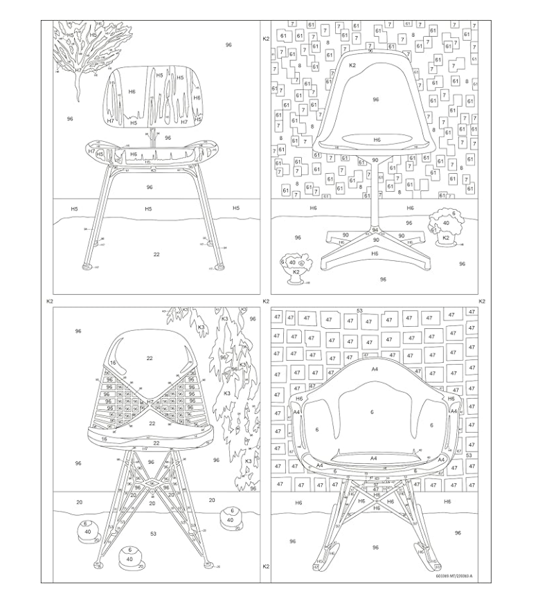 Ravensburger CreArt Take a Seat Eames Collector's Edition paint by numbers kit featuring mid-century modern chair designs.