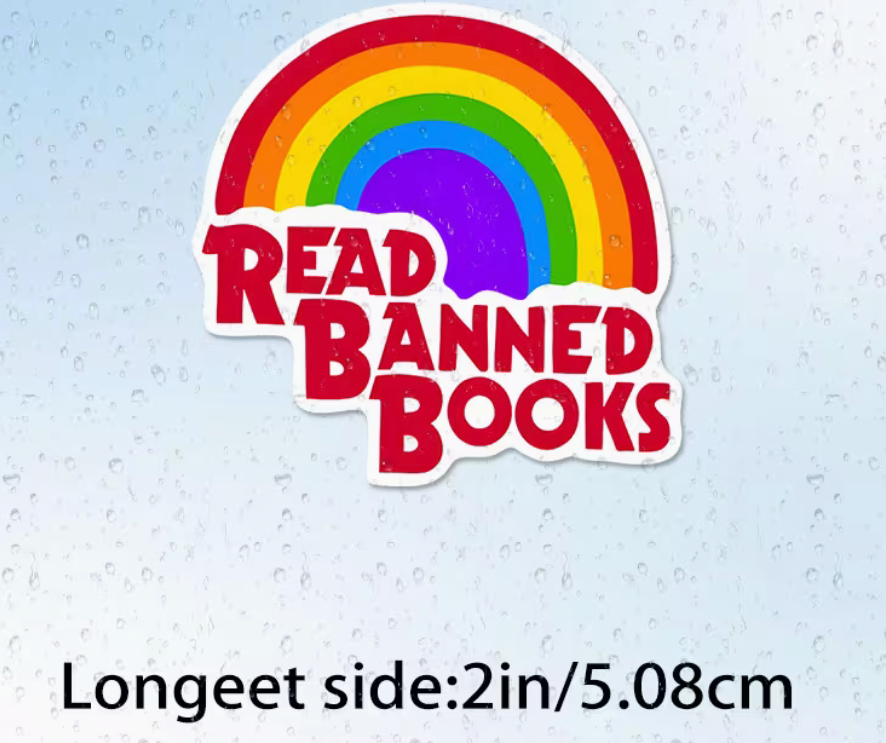 Read Banned Books rainbow 2-inch sticker with red lettering