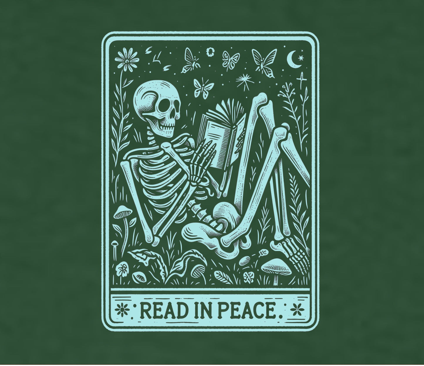 Skeletal figure reading a book with nature elements and 'Read in Peace' text on a green background